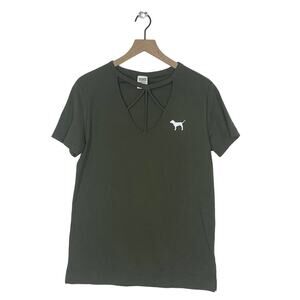 PINK Victoria's Secret Logo Open Neck Olive Green Shirt Top Women's XS